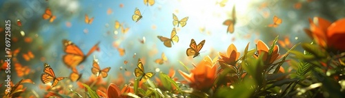 Butterfly, green wall, colorful butterflies fluttering among vibrant foliage, busy city street below, clear sunny skies, 3D render, backlighting, chromatic aberration