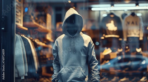 Mockup of a hoodie on a mannequin in a store window.