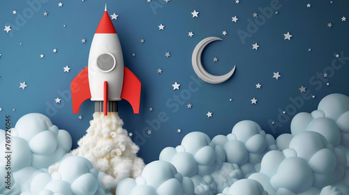 Illustration of a stylized rocket ship blasting off through fluffy clouds with sparkles and bokeh effects.