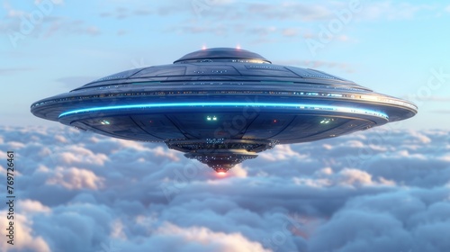 Alien UFO Flying Saucer in the Sky - Clipping Path Included. Science Fiction Concept of Extraterrestrial Invasion Outdoors