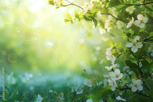 Branches of blossoming flowering plants on natural blurry background. Fresh green tree leaves of light outdoors sun on summer. Spring flowers in sun flares. Close-up, copy space. High quality photo