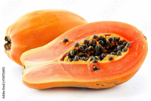 Appetising Papaya Fruit: Whole and Half Ripe Papaya with Seeds on Cut-out White Background, Delicious and Diet-friendly Asian Dessert