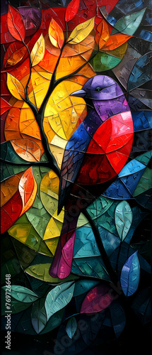 Colorful stained-glass bird on a tree branch. Abstract background.