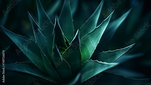 Cactus plant Agave attenuata soft details texture. Natural abstract, delicate and fluid shapes lines. Highlight focused leaf edges and blurred background. Dark moody feel - generative ai