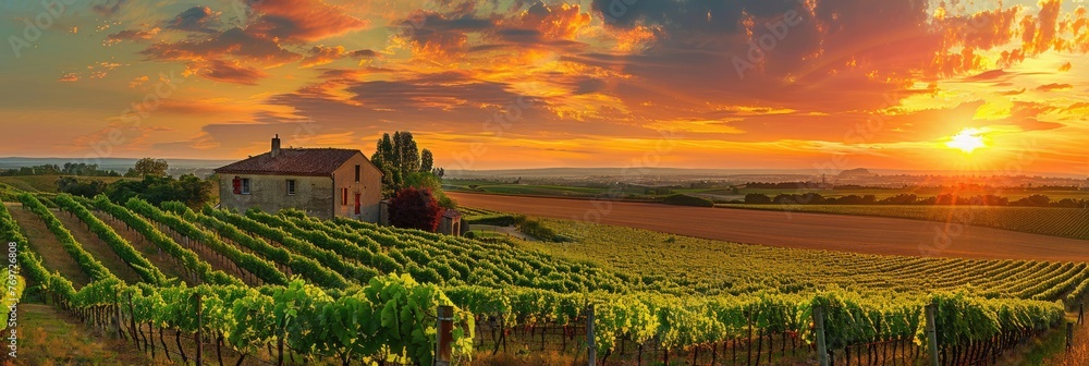 Bordeaux Wine Delight: A Captivating Sunset Landscape of Vineyards in France's Countryside - obrazy, fototapety, plakaty 