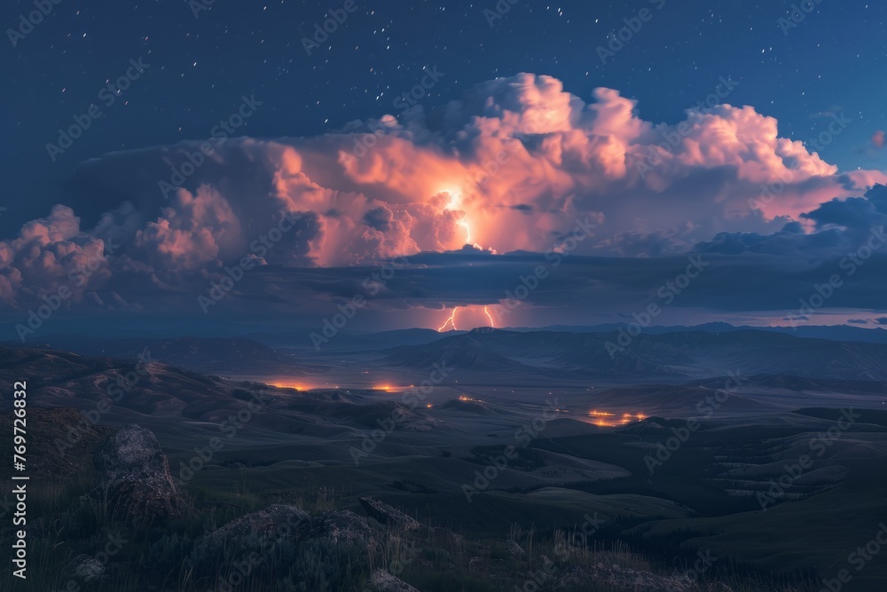 A dramatic cloud filled with lightning is seen in the sky, illuminating the night over a distant mountain range