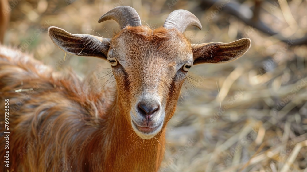 Fototapeta premium Brown Goat Grazing in Farm. Rural Agriculture Nature Pasture, Farm Animal in Village Mammal