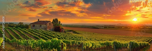 Bordeaux Wine Delight: A Captivating Sunset Landscape of Vineyards in France's Countryside photo