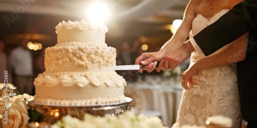 A newly married couple cutting their wedding cake.  photo