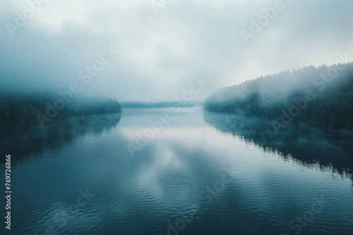 Aerial view of a dense fog rolling over a large lake, surrounded by lush green forest, creating a mystical and ethereal atmosphere at dawn