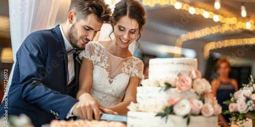 A newly married couple cutting their wedding cake.  photo