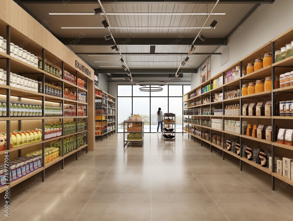 A large store with a lot of food and drinks. The store is very clean and organized. There are many shelves with different items on them. A person is standing in the middle of the store