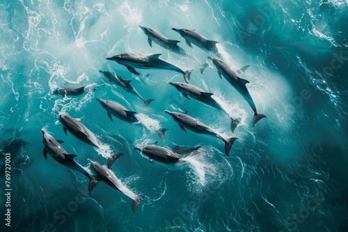 A pod of dolphins frolic in the waves of a turquoise ocean, showcasing their playful behavior