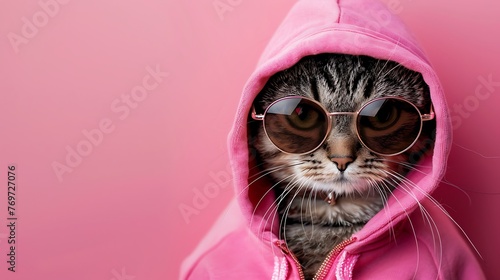 Chic feline in shades and hoodie pauses dramatically on a pink background