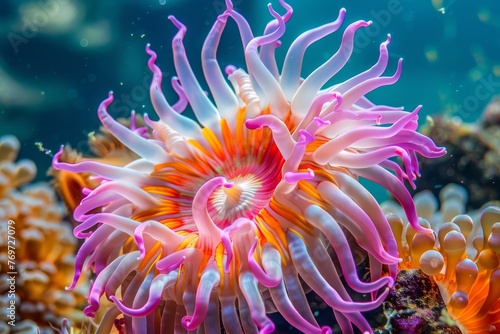 Colorful sea anemone with waving tentacles on coral, providing shelter for small fish in the current