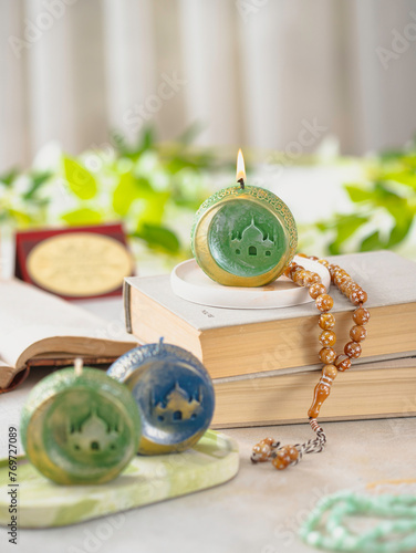 Natural wax candle, Eid Mubarak, Ramadan gifts. Selective focus