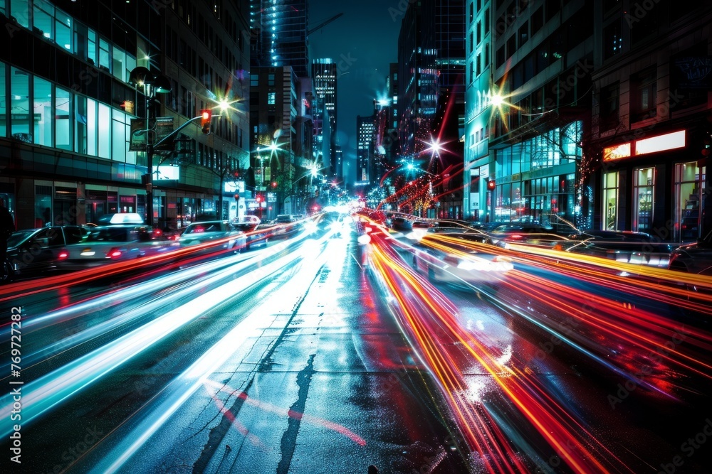 A commercial photo showcasing a busy urban thoroughfare at night, with long exposure capturing the streaking headlights and taillights of cars in motion