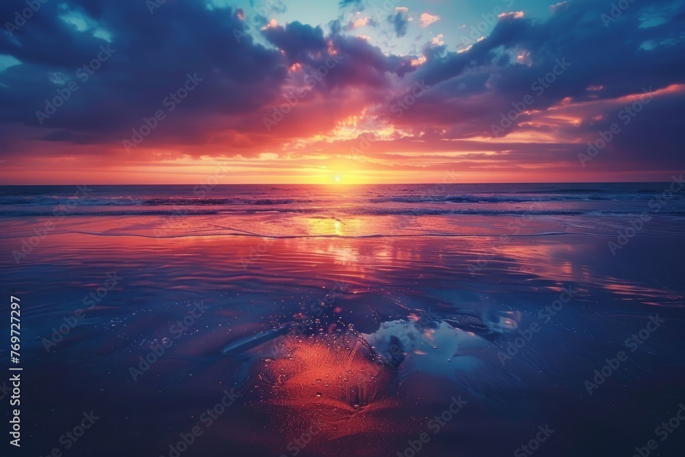 The sun is setting over the beach, casting vibrant hues across the sky and reflecting off the calm ocean waters