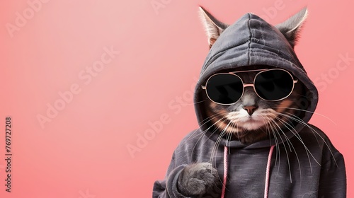 Chic feline in shades and hoodie pauses dramatically on a pink background