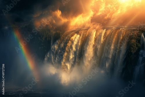 A rainbow forms over a cascading waterfall as mist rises from the turbulent waters below