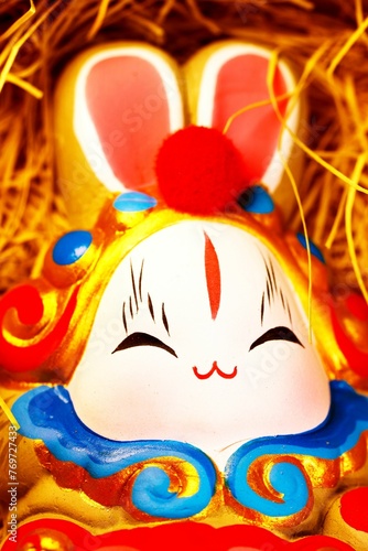 Is a close-up shot of a 2023 Year of the Rabbit Spring Festival Material: Beijing Rabbit Lord