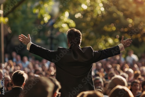 A man standing in front of a crowd of people, passionately proclaiming the Gospel photo