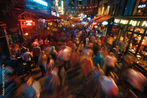 A busy nightlife district with crowds of people moving through vibrant bars, clubs, and restaurants on a city street at night