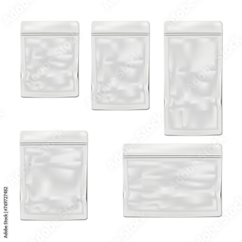 Blank white sachet packet with zip lock and tear notches. Vector mockup set. Zipper plastic pouch individual package for cosmetic, medical or food product mock-up kit. Template for design