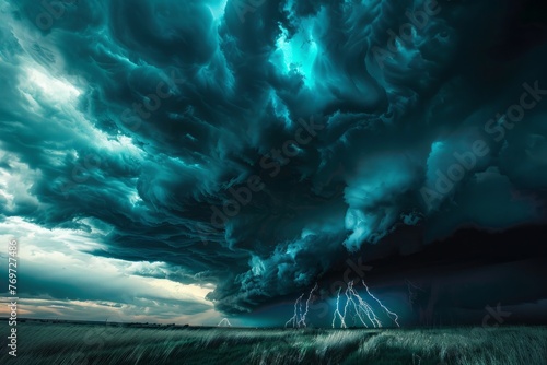 Dark storm clouds gathering over a vast field, with streaks of lightning in the distance, signaling an impending storm