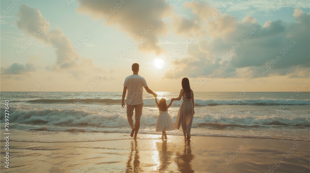 Fototapeta premium Family Travel Lifestyle Parenting and Bonding Concept, Summer Vacation Advertising, Happy Family Walking on Beach