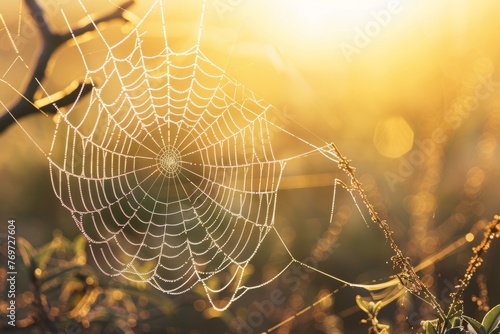 Macro shot of a dew-covered spider web glistening in morning sunlight, showcasing intricate patterns and delicate structure in a field