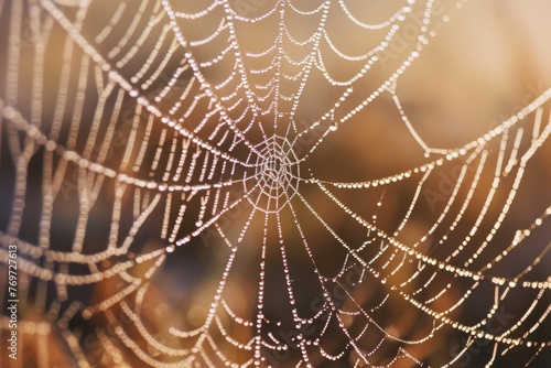 Dew-covered spider web on a window, illuminated by morning sunlight, featuring intricate patterns and delicate threads