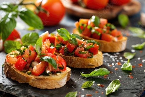 Homemade Italian Bruschetta Appetizer with Toasted Bread and Fresh Tomatoes. Perfect Antipasto Snack with a Vegetarian Twist