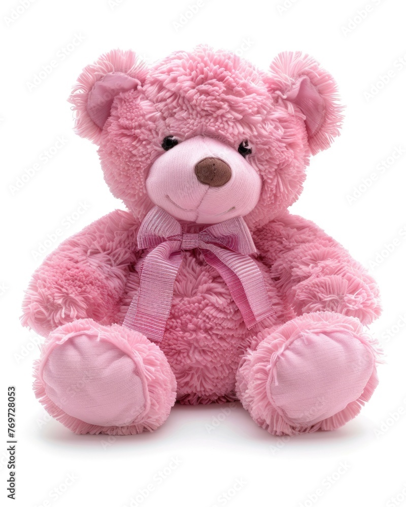 Obraz premium Loveable Pink Bear Plush Toy with Ribbon - Grizzly Teddy Stuffed Animal for Valentine's Day or Anytime Cuddles
