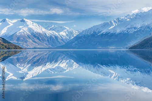 A large body of water surrounded by towering mountains covered in snow, with the peaks mirrored in the calm lake below