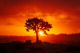 The sun sets behind a lone tree in the desert, creating a silhouette against an orange sky
