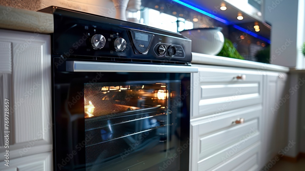 Energy efficient electric built-in oven at home kitchen. Modern black induction stove Energy efficient electric built-in oven at home kitchen. Modern black induction stove