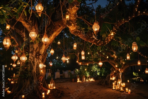 Romantic Night Wedding Celebration Under Vintage Lamps and Candles on Bali. Keywords  night wedding  vintage lamps  candles  big tree  bali  arch  celebrate  ceremony  beautiful