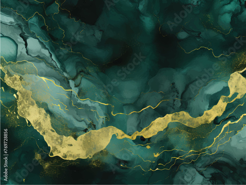Green marble abstract acrylic background. Marbling artwork texture. Agate ripple pattern. Gold powder. luxury wallpaper. Green marble and gold abstract background texture. Dark green emerald marbling 