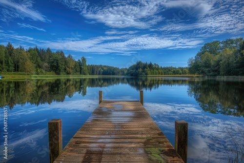 Serene Summer Landscape: Wooden Dock and Blue Reflections in Nature's Wonder