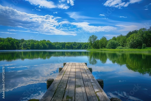 Serene Scene of Small Wood Dock with Reflection of Park's Blue Sky and Nature in the Water of Lake