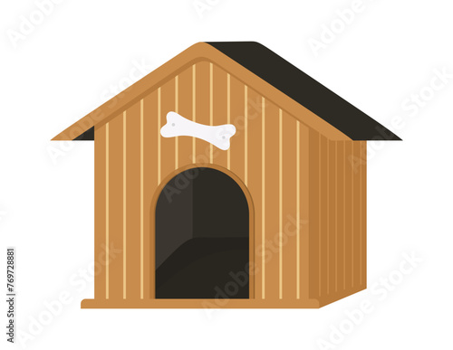 Wooden vector dog house. Doghouse made from wooden planks or boards in cartoon style isolated on white background. Dog kennel with bone attached above the door. House for pet or doggy. Flat vector