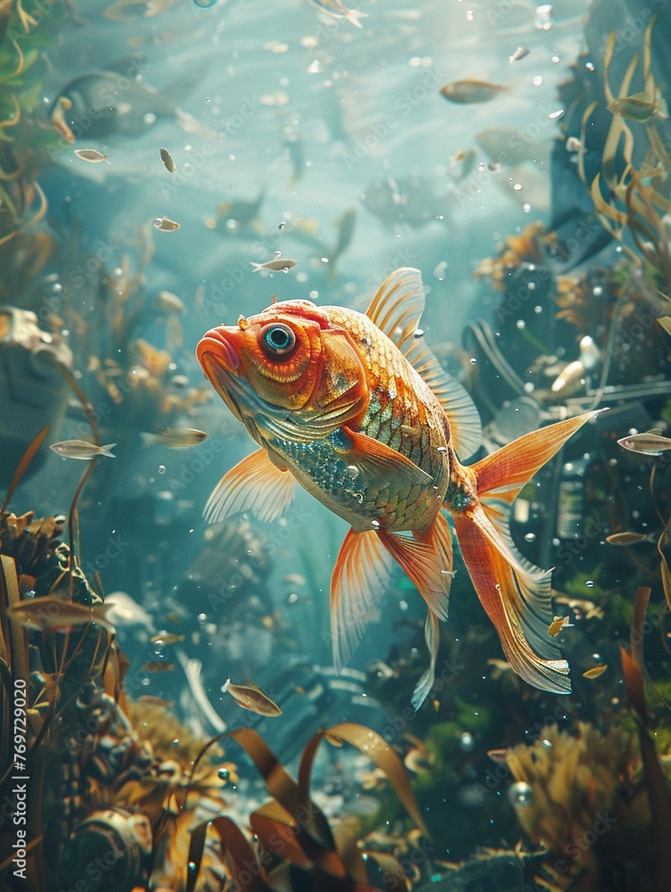 Fototapeta premium Water, Fish, lonely, Struggling in a contaminated ocean ruled by a powerful corporation, swim through discarded technology