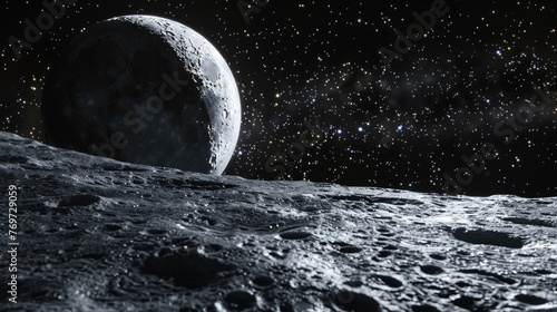 Universal Landscape: Flying over a Lunar Surface of the Moon. Nighttime View in Moonlight with Horizontal Phase and Galactic Light - 3D Rendering