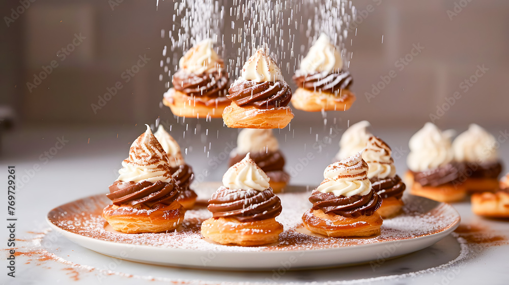 Cream-filled choux pastries with a dusting of sugar, mid-air with droplets of caramel. Cream-filled choux pastries with a dusting of sugar, mid-air with droplets of caramel.