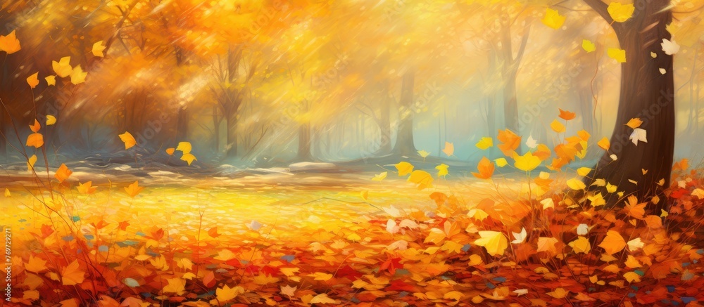 A stunning painting of a forest with orange leaves falling from the trees, showcasing the beauty of nature and the peacefulness of being surrounded by trees and grass