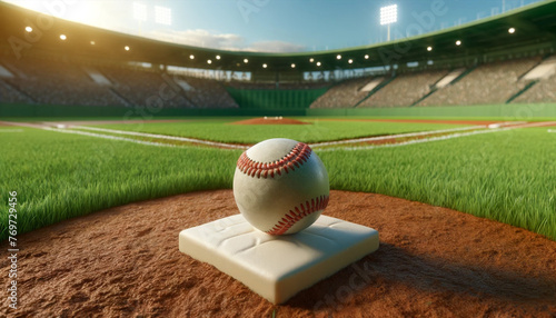 a hyper-realistic image of a baseball laying on the pitcher s mound in the center of a meticulously maintained outdoor baseball field. 