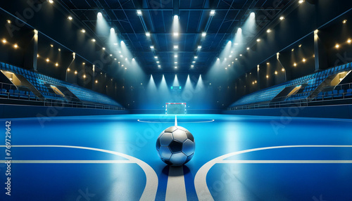 A realistic and detailed image featuring a futsal ball placed in the center of an indoor futsal court photo