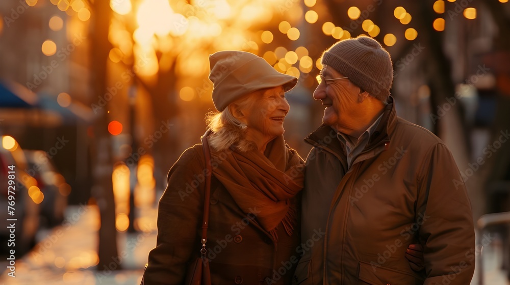 An elderly couple enjoys a summer vacation under the evening sky, filling the air with their happiness and energy, which are so vividly reflected in the street lighting and sunset rays.