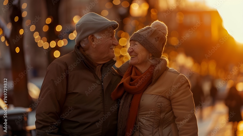 A happy elderly couple enjoys a summer day together, showing their joy and energy against the backdrop of a beautiful sunset and street lighting.